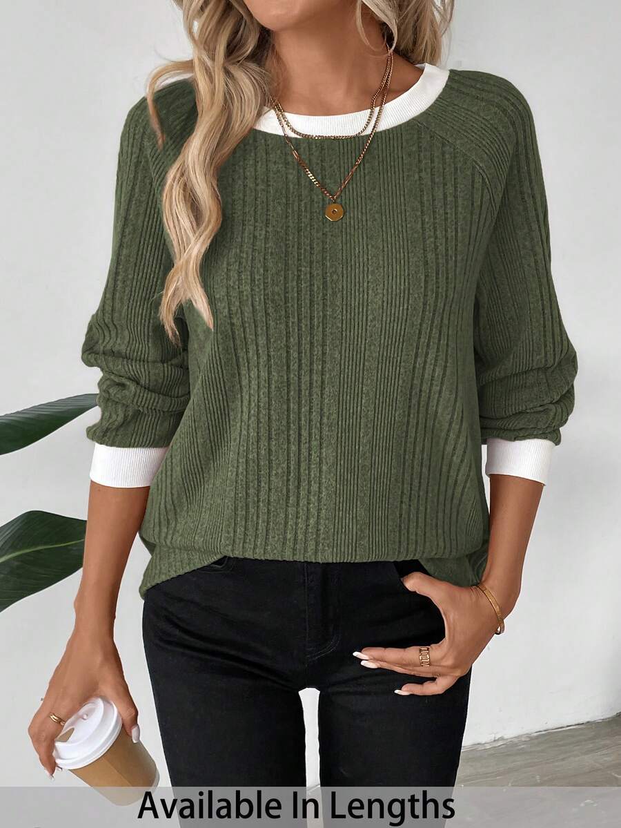 SHEIN PETITE CURVE Plus Size Women's Olive Green Autumn Crew Neck Sweatshirt Top,Solid Color Ribbed Knit T Shirt Long Sleeve Everyday Smart Casual Maillard Color Top - Green - View 1