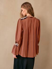 Florisole 女士波西米亚风休闲雪纺宽松拼接蕾丝边棕色衬衫，春秋季 - 棕色 - 查看 2