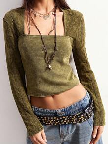 Bohemela 休闲针织长袖不对称领修身短款女式T恤 - 綠色 - 查看 6