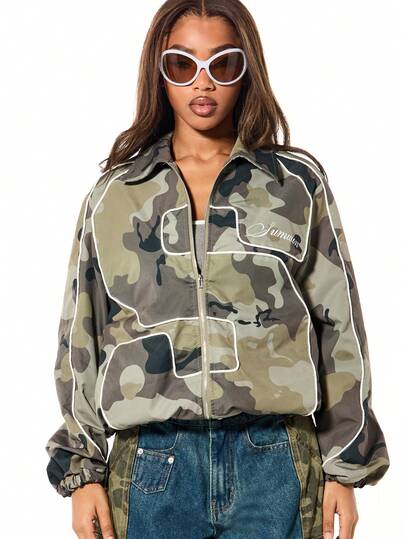 SUMWON WOMEN Camo Print Utility Jacket With White Piping Detail And Zip Front Closure For Fall Winter Streetwear