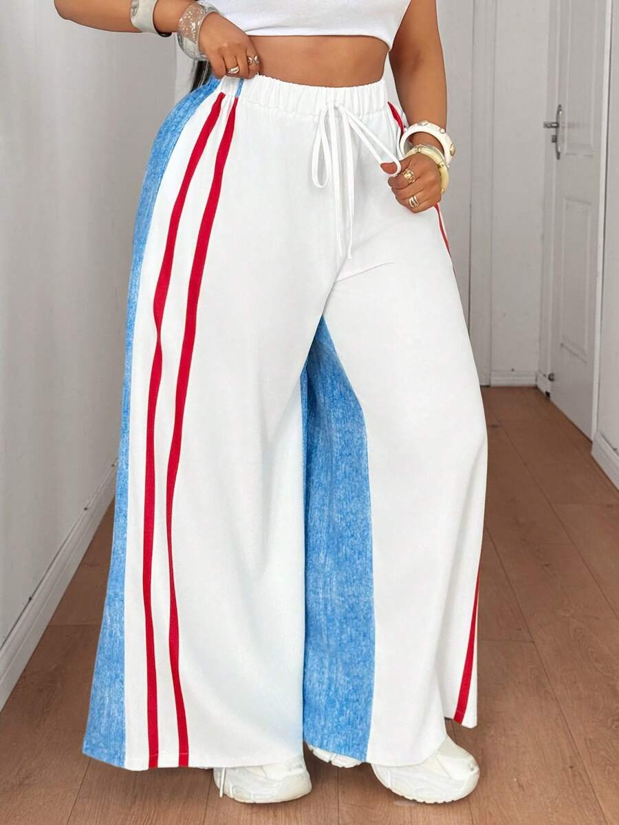 Maweii Pantaloni largi pentru femei, mărime plus, casual, pentru festivaluri de muzică, de zi cu zi, versatil, cu imprimeu în culori contrastante, material textil de înaltă calitate, culoare solidă, casual, pentru navetiști - Multicolor - Vizualizare 1