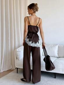 Siren Gaze 女士新款缎面蕾丝拼接吊带背心套装，秋冬款 - 棕色 - 查看 2