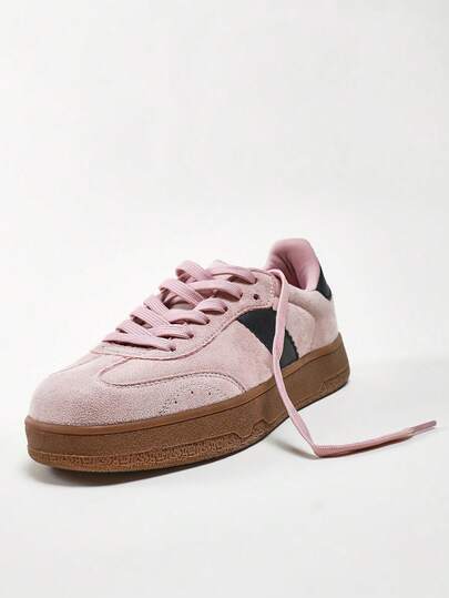 Solezae #Retro Court Women's Round Toe Suede Pink Low-Top Trainers With Black Stripes – Vintage-Inspired Everyday Style With Comfy Sport Sole For Christmas