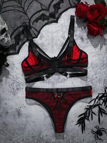 SHEIN 2pcs Women's Contrast Lace Ring Decor Mesh Sheer Sexy Lingerie Set - Rose Red - View 2
