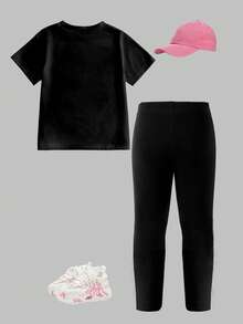 2pcs/Set Baby Girls Casual Fashion T-Shirt & Leggings Set, Bow & Digit 67 Pattern, Loose Round Neck Short Sleeve Tee And Pants, Comfortable Outfit For Spring/Summer, Suitable For Outdoor, Casual, School, Party, Gift - Black - View 3