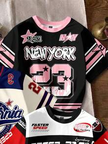 Attitoon 3 pièces Set T-shirt à manches courtes ample, col rond, graphique vintage de numéro de moto américaine minimaliste et décontracté pour femmes, convient pour l'été