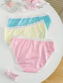 3pcs/Set Cute Polka Dot Lace Bow Decor Girls' Panties - Multicolor - View 2