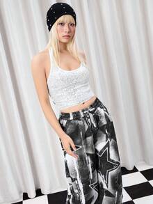 Y2Kool Umamao Estudio 女士冬季黑白辣妹时尚扎染星形印花Y2K阔腿裤图案裤降落伞裤星形裤Y2K裤搭配灵感时尚服装系列新年穿搭图案牛仔裤Emo裤辣妹 - 黑色 - 查看 5