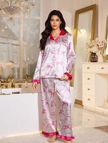 LuxeNights Bow Print Color Block Faux Silk Ruffle Trim Women Long Sleeve Pajama Set Valentine's - Multicolor - View 5
