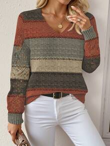 EMERY ROSE Casual Minimalist Dark Color Geometric Stripe Allover Print V-Neck Sweater, Suitable For Autumn/Winter,Sweaters For Women - Multicolor - View 4