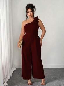 Elenzga 大码夏季时尚法式复古浪漫不对称肩部3D花卉连体裤 - 酒紅色 - 查看 5