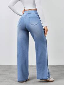 SHEIN Unity Jeans rectos de cintura alta lavados de estilo casual para mujer - Azul - Ver 2