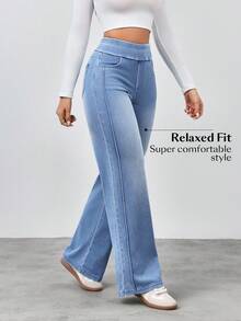 SHEIN Unity Jeans rectos de cintura alta lavados de estilo casual para mujer - Azul - Ver 6