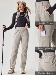 OutZeal 女士凉感弹力尼龙修身拉链口袋户外裤，适合露营和徒步旅行 - 灰卡其色 - 查看 4