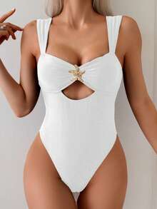 Swim Chiccia Maillot de bain une pièce sexy et ajouré de couleur unie pour femmes, été - Blanc - Voir 3