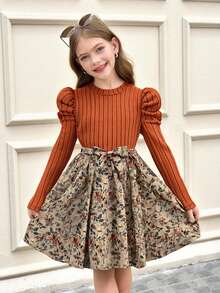 SHEIN Tween Girls 棕色波西米亚针织圆领羊腿袖长袖拼布碎花连衣裙，适合秋冬季，冬季度假连衣裙，美拉德拼色连衣裙，感恩节穿搭 - 棕色 - 查看 3