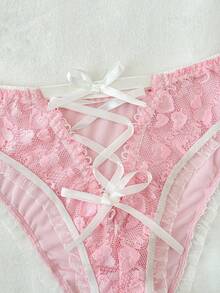 PetitDoll 2pcs Lace Contrast Mesh Wireless Bra Set - Pink - View 5