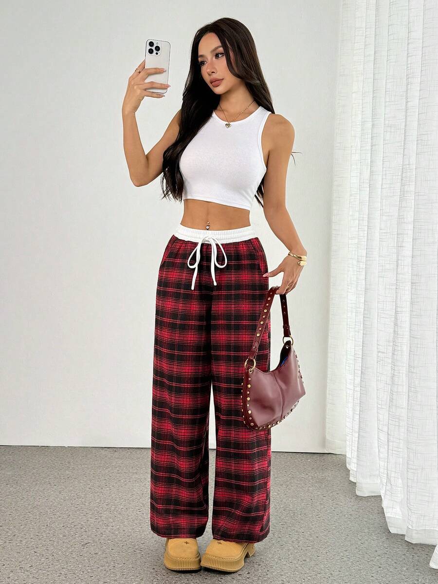 SHEIN PETITE 女款秋季休閒日常穿著基礎寬鬆格紋拼接寬腿褲，聖誕新年，小個女款