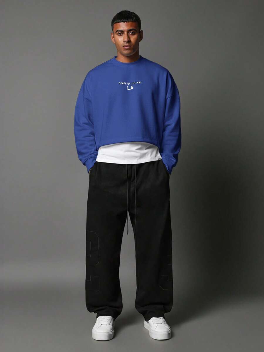 SUMWON Cropped Crew Neck Pullover Sweatshirt With State Of The Art LA Text Print For Casual Streetwear Layering Style Plain - Royal Blue - View 1