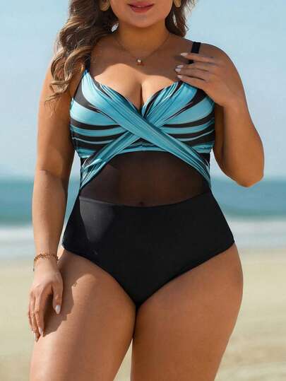 Swim Lushoire Plus Size Women Striped Print Underwire Swimsuit, Vacation Beach Wear
