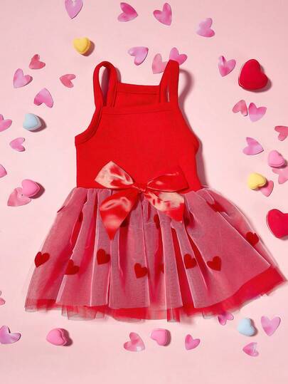 PETSIN 1pc Cute Pet Valentine's Day Red Knit Patchwork Heart Flocked Mesh Bowknot Decor Sweet Dog Dress