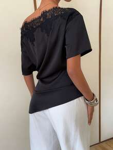 Siren Gaze Elegant Black Satin Top With An Off-The-Shoulder Neckline And Lace Trim. This Short-Sleeved, Asymmetrical Hem T-Shirt Features A Slimming And Flattering Silhouette, Making It A Stylish And Versatile Choice For Both Work And Casual Wear. Summer - Black - View 2
