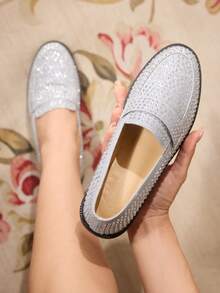 CUCCOO TILAWA Women's Fashion Commuter Rhinestone Silver Loafer Flats For Christmas - Silver - View 1