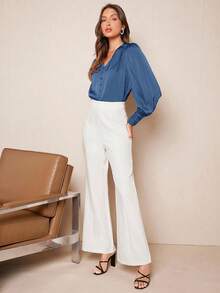BizChic Blusa da donna con scollo a V, design arricciato sul davanti e bottoni centrali, decorazione a fungo, versatile per primavera/estate, adatta per Pasqua, San Patrizio, pendolarismo, uso quotidiano, casual, romantico stile retrò anni '90, festa, spiaggia, laurea, vacanza, ospite di matrimonio, damigella, hostess - Blu - Visualizzare 4
