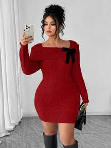 SHEIN Elenzya 大码女式纯色露肩扭结针织毛衣连衣裙 - 紅色 - 查看 3