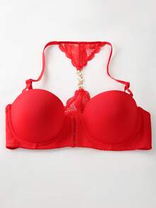 DesireSculpt 1件性感蕾丝前扣深V露背钢圈文胸，情人节 - 紅色 - 查看 7