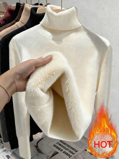 Franclia Europäischer Stil Rollkragen Pullover aus dickem Samt, figurbetonter Schnitt, warm, Langarm, Strickpullover, vielseitig für Herbst/Winter