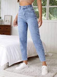 EURMUSE 100%Cotton Women Casual High Waist Mom Fit Jeans - Blue - View 3