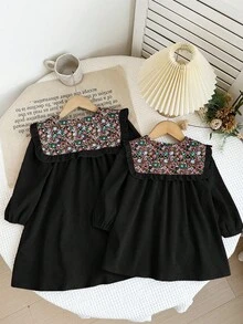 LMoss Kids 女婴编织拼接花卉彼得潘领休闲连衣裙 - 黑色 - 查看 8