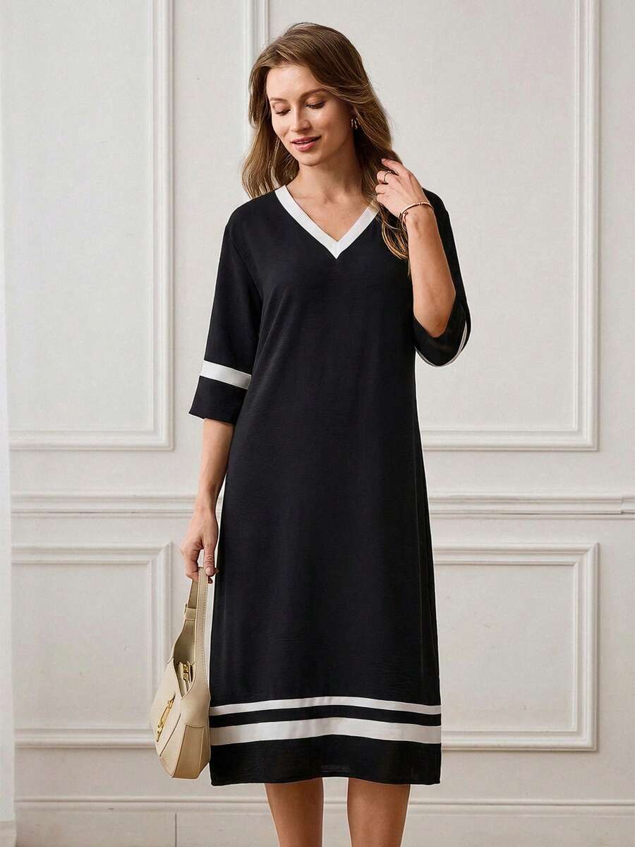 Miaspire Women's Striped V-Neck 3/4 Sleeve Casual Long Dress - Khaki - View 1