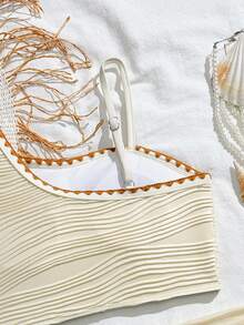 女士三件套泳衣：吊带上衣、短裤和围裙，米色，撞色滚边，纹理面料 - 米色 - 查看 5