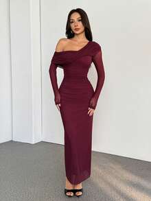 SHEIN PETITE 秋季夏季及夏季简约复古闪亮假日派对装扮锐舞音乐节郊游泳装度假波西米亚风 BOHO 热辣户外层次丰富的婚礼季宴会成人礼海滩海滨 - 酒紅色 - 查看 2