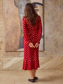 Hansera Damska sukienka maxi z falbanką w groszki, z bufiastymi rękawami i dekoltem w serek, idealna na Walentynki, elegancką, randkową, codzienną, w stylu retro - Czerwony - Zobacz 2