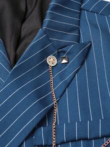 Manfinity Mode 男士条纹翻领双排扣长袖西装外套和裤子休闲办公通勤套装 - 藍色 - 查看 3