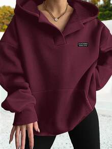 SHEIN EZwear Áo sweatshirt nữ dáng rộng, màu tím đỏ, tay dài, có túi, thích hợp cho mùa thu/đông. - Màu đỏ tím - Xem 5