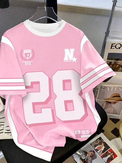 SHEIN Casual Street Sense Retro Dot Digital Combined Letter Sports College Style Women's T-Shirt