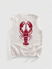 ROMWE MEN 镂空针织龙虾图案圆领无袖休闲舒适透气背心，夏季 - 彩色 - 查看 1