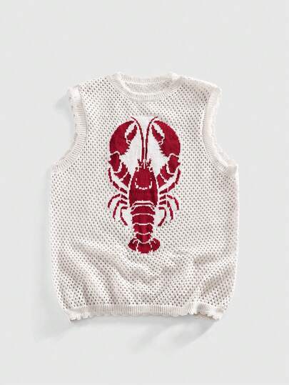 ROMWE MEN 镂空针织龙虾图案圆领无袖休闲舒适透气背心，夏季