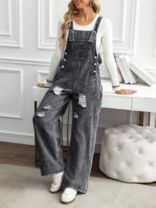 EMERY ROSE Women's Casual Versatile Everyday Wear Distressed Pocket Denim Jumpsuit With Wide Leg - Black - View 3