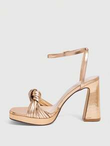 CUCCOO SZL 女士夏季新款时尚性感香槟色高跟鞋，编织带扭结方头粗跟凉鞋，正式礼服派对鞋 - 香檳色 - 查看 5