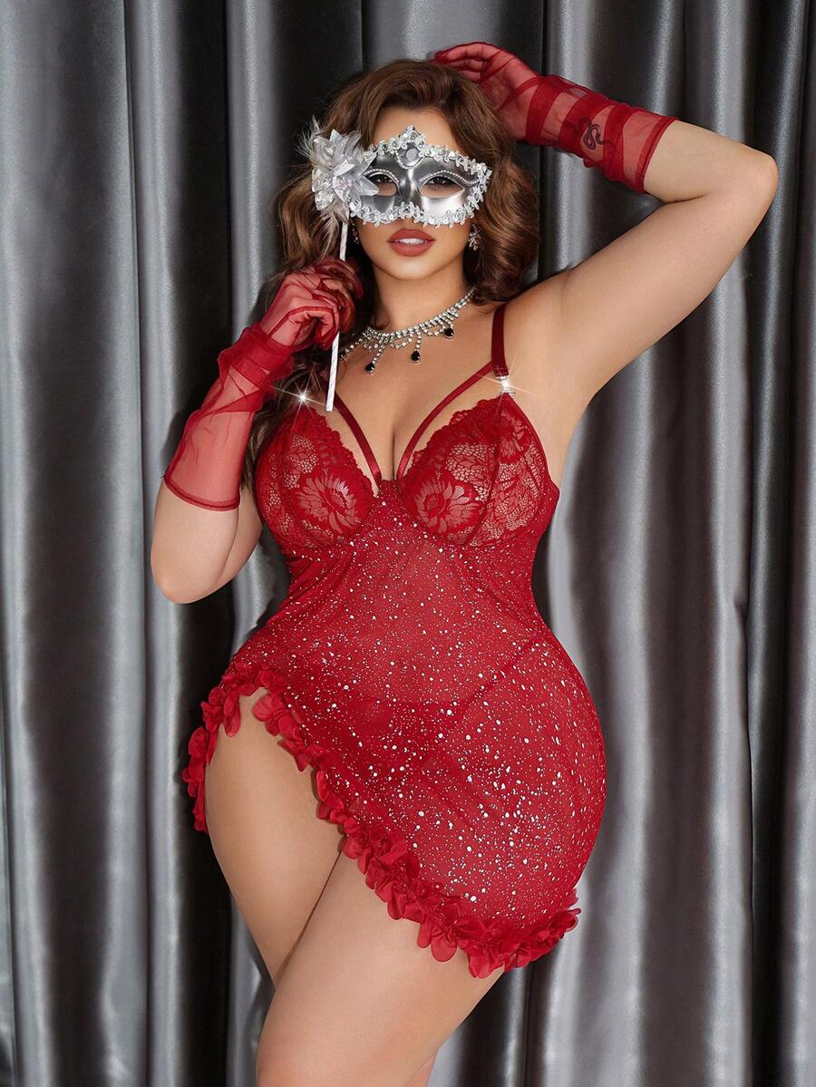 MidnightGlam Große Größen Sexy Dessous Set: Metallic Netz Kontrast Spitze Babydoll Kleid + String, für Valentinstag - Bordeaux - Übersicht 1