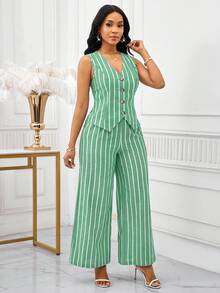 SHEIN Lady Blue And White Striped Fabric Women's Elegant Sleeveless Vest And Pants Suit Set, Business Commute Style, Summer Women Two Pieces Outfits Women Two Pieces Outfits Women Vacation Outfit Sets Pant Suit Summer Sets Women 2 Piece Sets Summer - Green - View 6