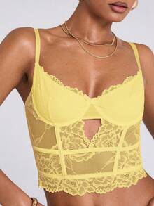 SHEIN BAE Regata Corselet de Renda Versátil e Sexy para Mulheres, Versátil para Sair, Noite de Encontro, Festa com Tema, Concertos, Réveillon, Festa de Natal - Amarelo - Visão 4
