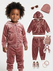 SHEIN Playful Pals 2pcs Baby Girl Fashionable Casual Cute Pink Velvet Long Sleeve Hooded Jacket With Pockets & Ruffle Trim, Paired With Pants Set, Suitable For Spring & Autumn School/Daily Wear,Christmas Pajamas - Pink - View 8