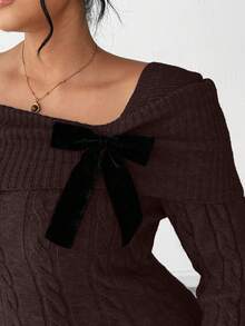 SHEIN Elenzya Women's Solid Color Off Shoulder Twist Knit Sweater Dress - Coffee Brown - View 6