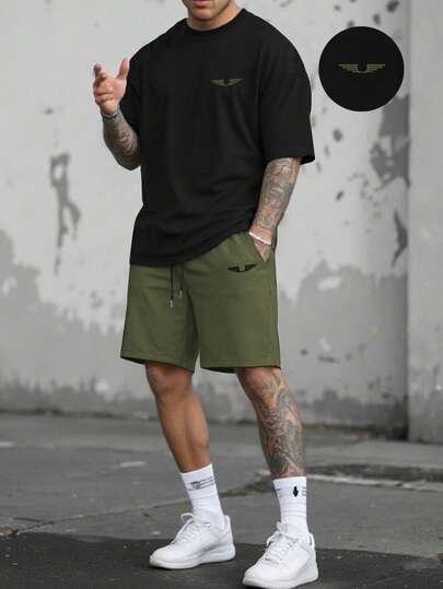 Manfinity LEGND Conjunto de camisetas para hombre, diseño de patrón con forma de ala minimalista, contraste de color negro y verde + textura sutil de ala, colisión de estilo minimalista y retro ligero, uso casual para todos los días